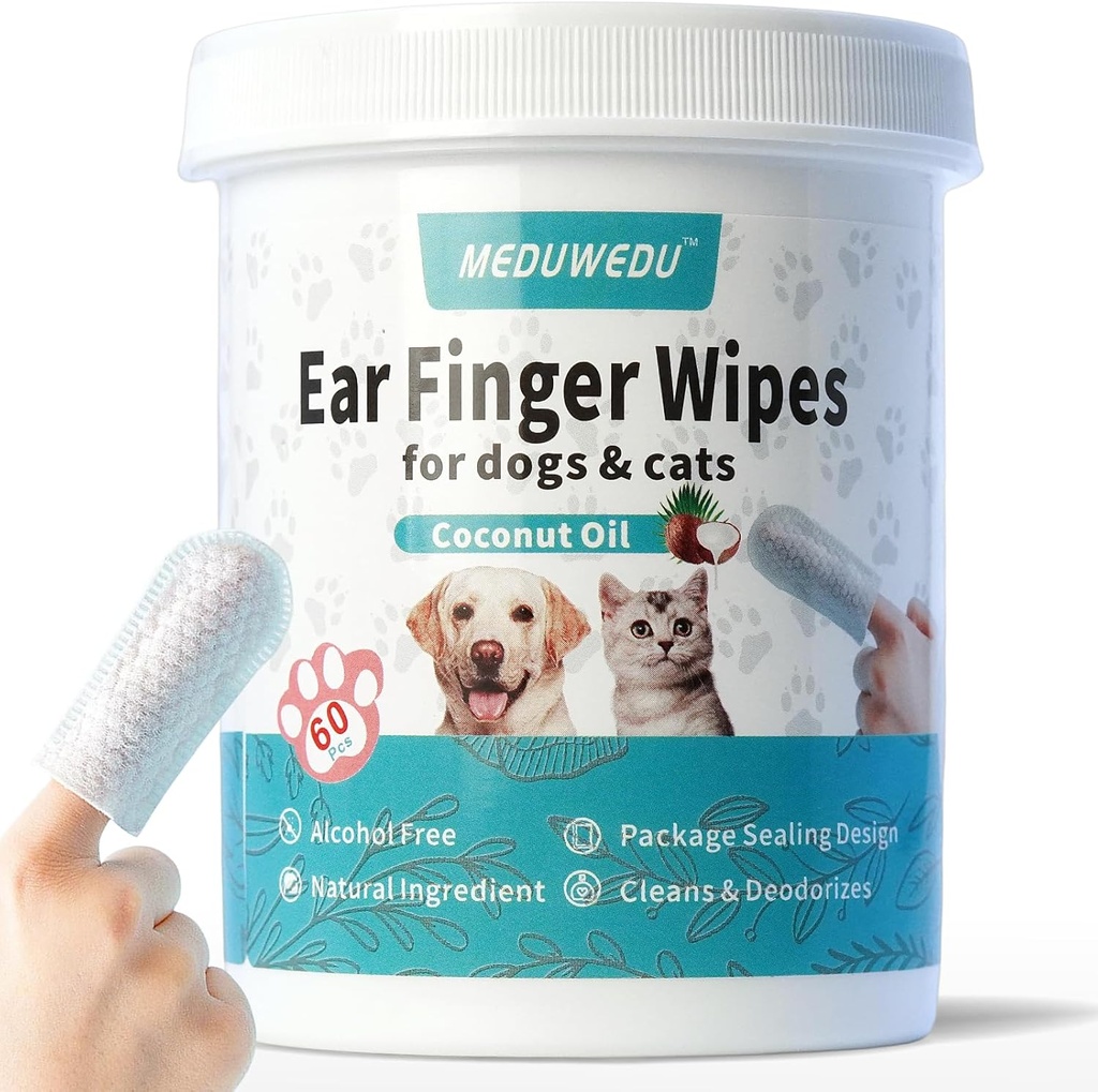 Ear Cleaner Fingerservietter 60 Counts, Hundeøre Cleaner, Grooming Kit Care for Dogs and Cats, Soft & Easy Otic Rengøring Pads, Fjern Wax, Dirt & Stop Smelly, Itchy, Ikke-Irriterende, Kokossensindet