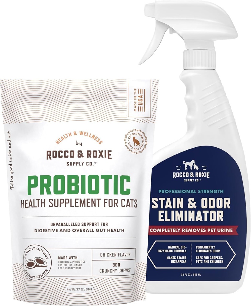 Rocco & Roxie Cat Probiotic Supplements & Stain & Odor Eliminator Bundle
