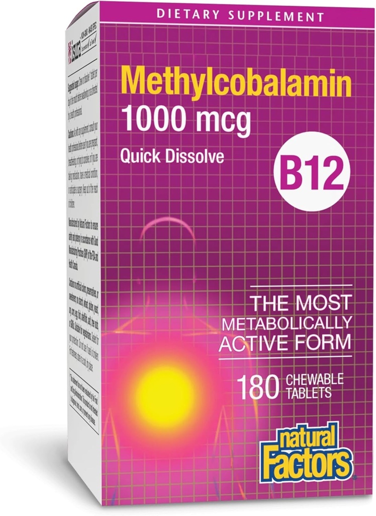 Naturlige faktorer, Vitamin B12 Methylcobalamin 1.000 mcg, tilbyder den mest metabolisk aktive form af B12, hurtig opløsning tabletter