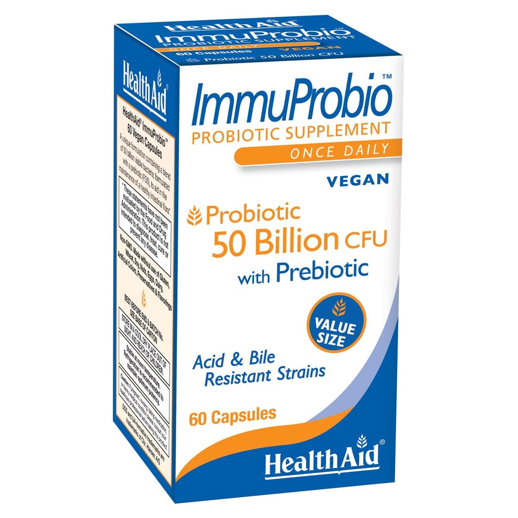 HealthAid ImmuProbio 60 Caps - 50 milliarder CFU med Prebiotic, En gang dagligt, Acid & Bile resistent Strains, Vegan