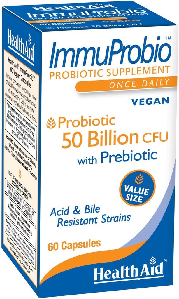 HealthAid ImmuProbio 60 Caps - 50 milliarder CFU med Prebiotic, En gang dagligt, Acid & Bile resistent Strains, Vegan