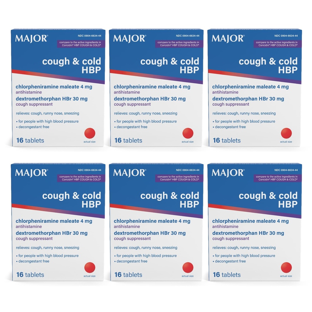 STOR Hoste og kolde HBP tabletter - Antihistamin og Hough suppressant for mennesker med højt blodtryk - Dextromethorphan HBr, Chlorpheniramin Maleate - 16 greve (6 Pack)