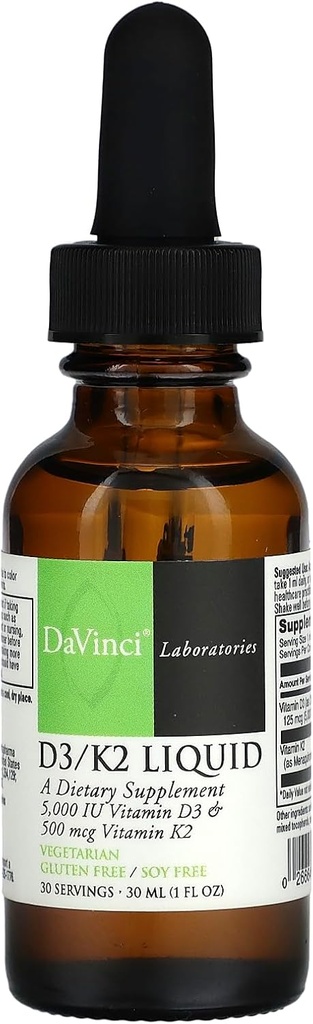 DAVINCI Labs D3 / K2 Liquid - Liquid Vitamin D & Vitamin K Supplement for ben sundhed, hjertestøtte & Calcium Absorption - 30ml (30 Servere)