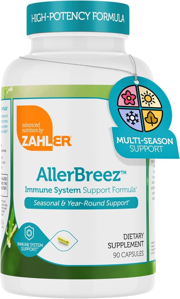 Zahler AllerBreez immunsystem Support Formel med C-vitamin, Quercetin, vitamin B5, MSM & Stinging Nitle - Sæson- og årelange immunsupporttillæg, Dhist Allergy Supplement (180 kapsler)