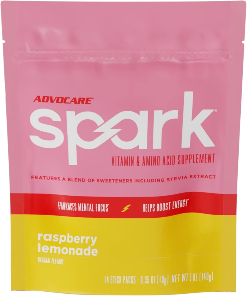 AdvoCare Gnist Vitamin & Aminosyre tillæg - Sukker- Free Focus & Energy Drikke Pulver med vitaminer A, C, E & B-12 - Raspberry Lemonade, 14 Stick Packs