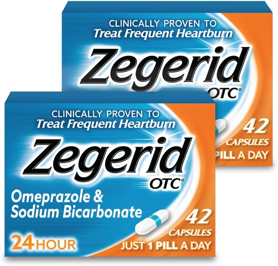 Zegerid OTC, 24- timers Heartburn Relief, Acid Reflux Medicine og Antacida, Treats Hyppig Heartburn, Omeprazol 20mg + natriumbicarbonat, Proton Pump Inhibitor (PPI), To 42ct kartoner