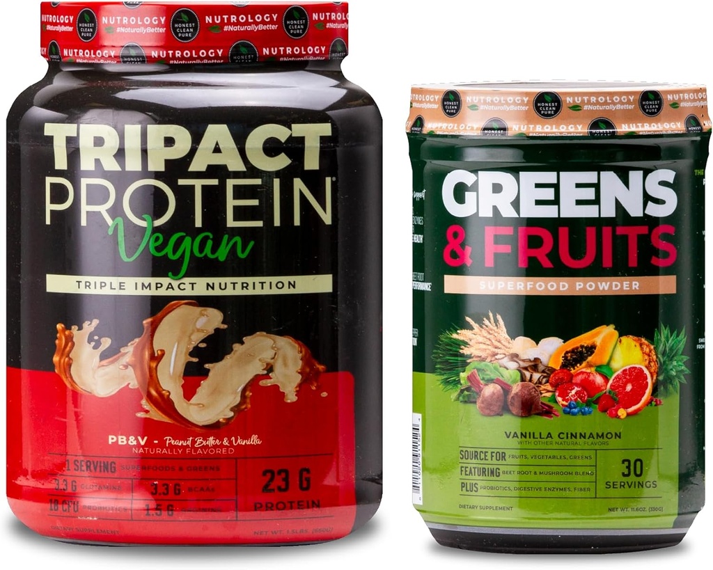 Nutrologi Grønne & frugter Powder- naturligt sourced Superfood, Vanilla kanel (30 Servere) TRIPACT Vegan Protein Powder, Peanut Butter Vanilla (20 Servere)