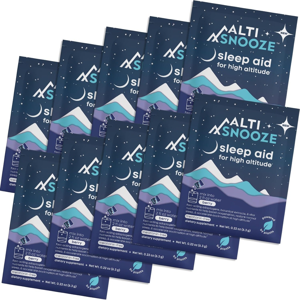 Sleep Aid + Højde Sygdom Forebyggelse & Hydration • 124; Oxygen- Boosting Formel med Cordyceps, Holy Basil, Magnesium & Electrolytes • 124; Hovedpine, Træthed, Kvalme Relief, Jet Lag, Ski Trip • 124; 10 Pack