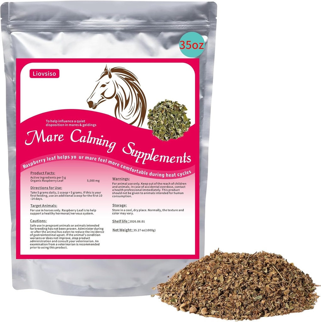 Horse Calming supplement Natural Raspberry Leaf 35 OZ- Relieves Angst, Irritability, og ubehag i mares under varme cykler - Også Magic Velegnet til Geldings