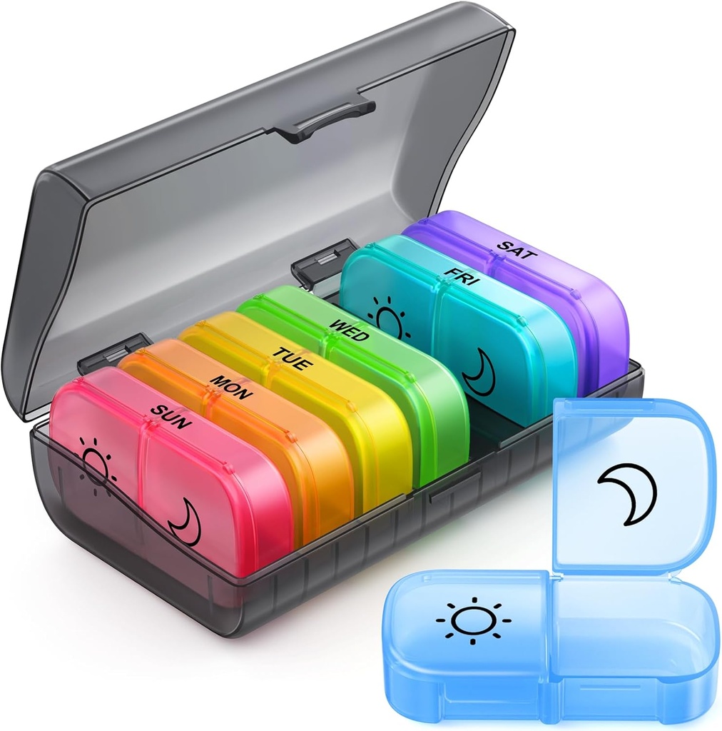 ZIKEE Weekly Pill Organizer 2 gange en dag med same- side åbning Design, AM PM Pill Box 7 dag med 7 Aftagelige Pill Cases for Travel, Stor Pill Holder for Medicin, Vitaminer og fiskeolier