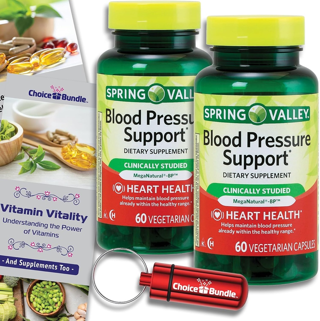 Choice Bundle Spring Valley Blood Pressure Support Vegetarian Capsules 60 Ct 2 pk (120 Total) + Vitamin Guide & Pill Container (4 Items)!
