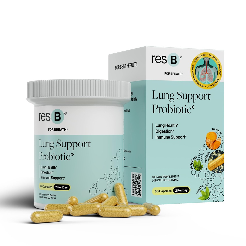 ResB Lung Support Probiotisk tillæg - Lung Health Supplement for Rygere, Gut Health, Immun & fordøjelsesstøtte, Respiratoriske Care, Holy Basil & Turmerisk, Klinisk Trialed - 60 kapsler