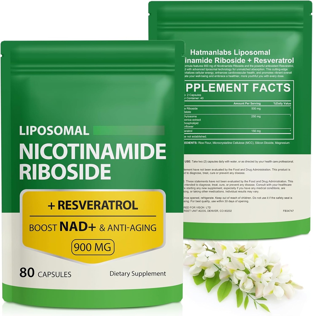 NAD tillæg med Nicotinamid Riboside - Resveratrol, Liposomal Nicotinamid Riboside, Quercetin - høj renhed NAD tillæg for anti- aging, fokus, energi 160 kapsler (2 Bag)