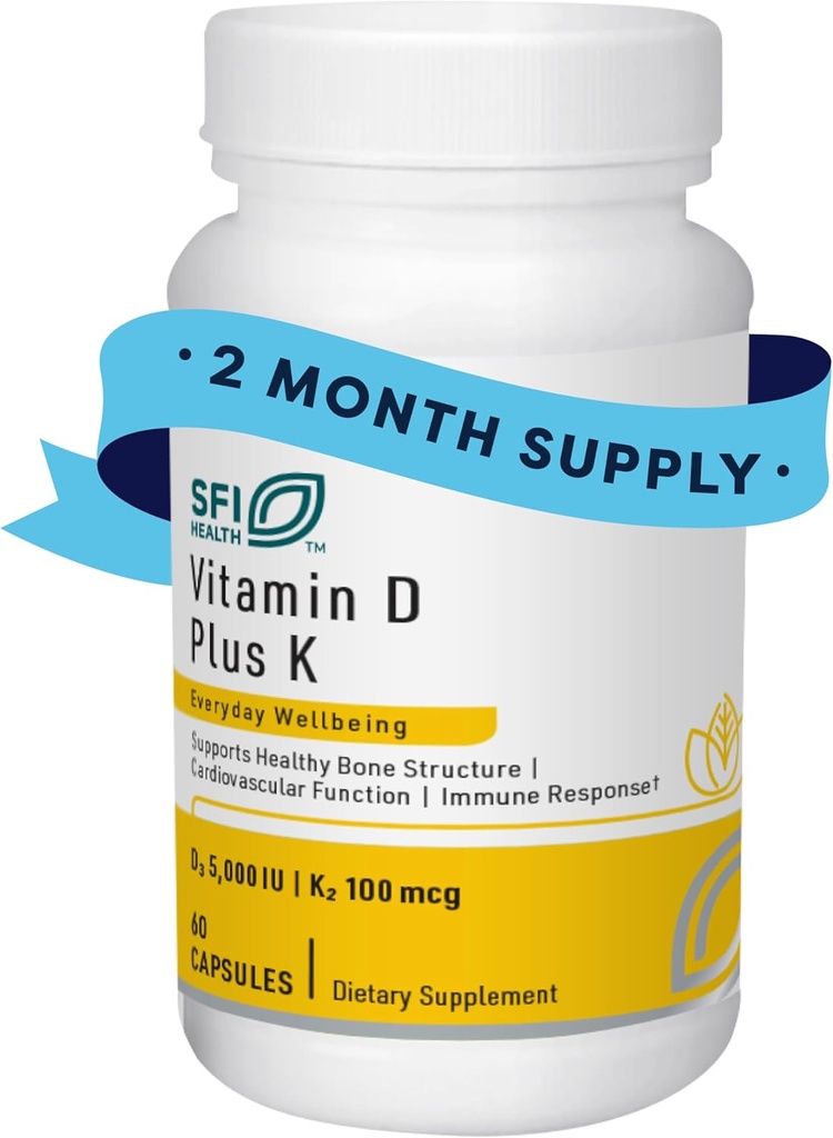 Klaire Labs SFI Health Vitamin D Plus K - Bioavailable Vitamin K2 D3 Supplement for Bone & Immune Support - Each Capsule Delivers D3 5000 iu & K2 100 Mcg (60 Capsules)