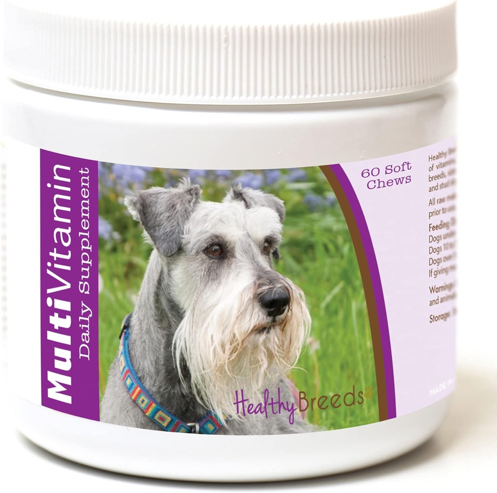 Sunde racer Miniature Schnauzer Multivitamin til hunde - Vet Anbefalet Dagligt tillæg - Bacon Flavored - 60 Soft Chews