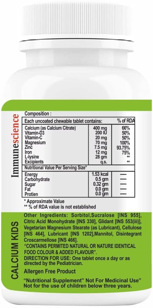 Verem Calcium til børn med D3- vitamin (VIT d), Magnesium, Zinktilskud, C-vitamin, L- lysin Multivitamin til børn Stærk Bones, Immunitet, Vækst & Udvikling - 120 tabletter (pakning med 4)