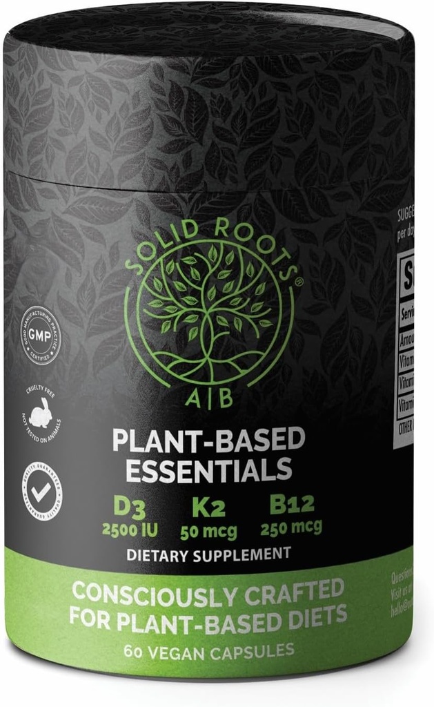 SOLID ROOTS Vegan Vitamin D3 + K2 + B12 for knogler, hjerte, hud, tænder Plant- baserede Multivitamin Essentials