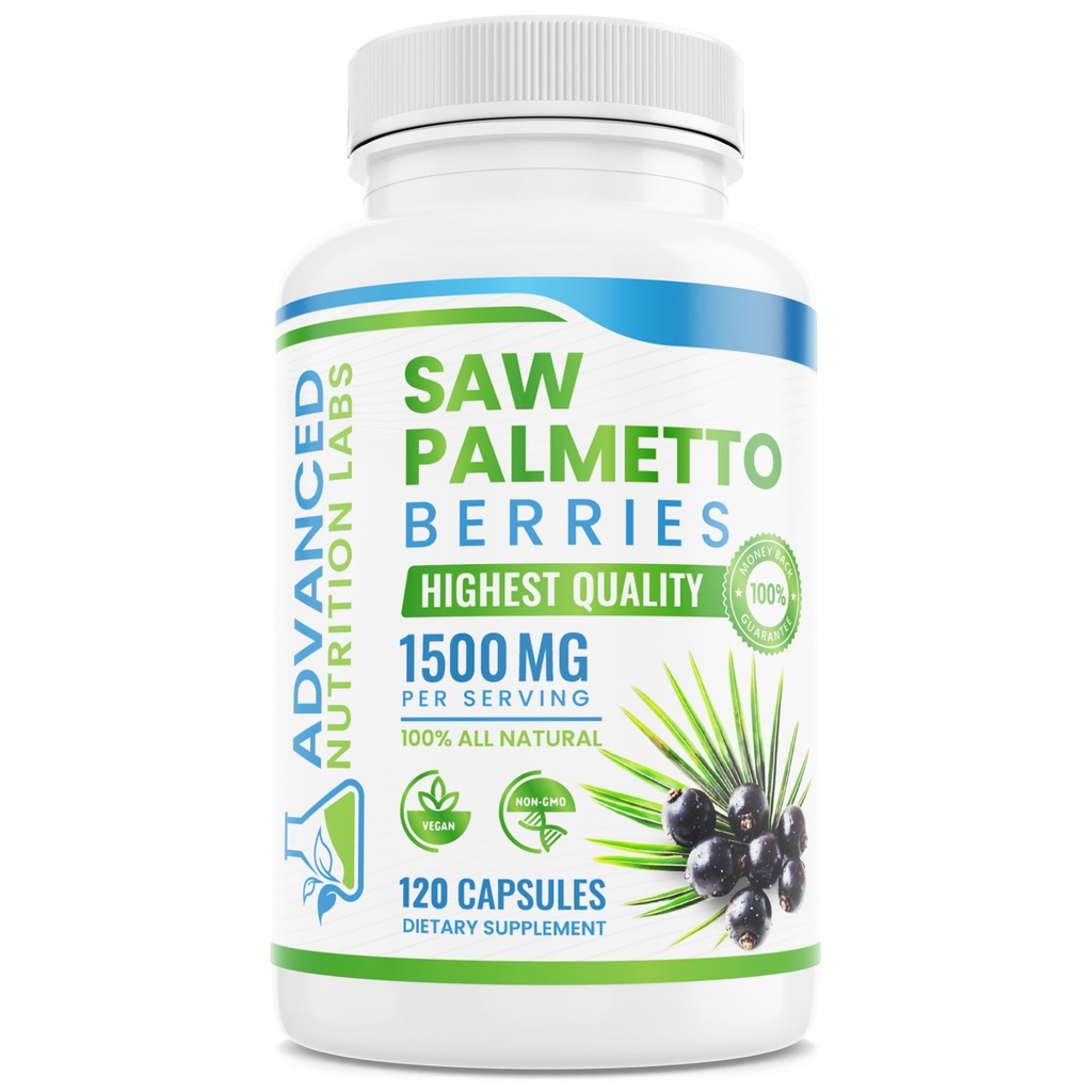 Saw Palmetto Berries & Extract - 1500 mg Saw Palmetto Supplement for mænd og kvinder - DHT Blocker for hårvækst, Prostata Support & Urinary Health - 120 Veganske kapsler