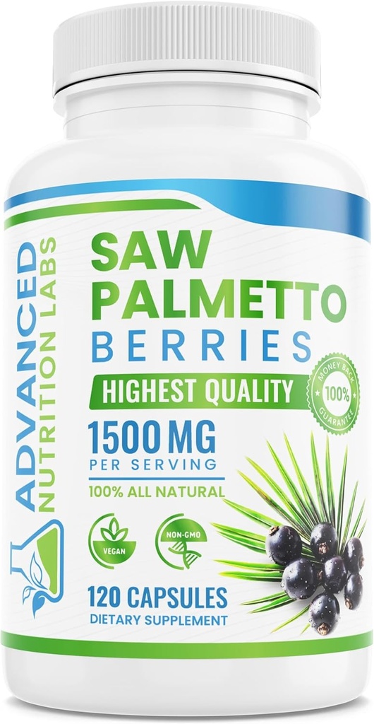 Saw Palmetto Berries & Extract - 1500 mg Saw Palmetto Supplement for mænd og kvinder - DHT Blocker for hårvækst, Prostata Support & Urinary Health - 120 Veganske kapsler