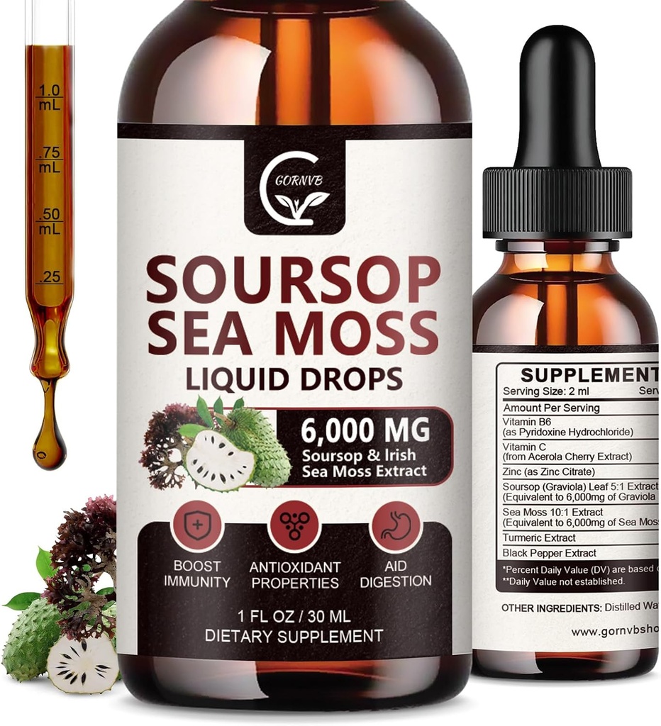 (2 Pack) Soursop Graviola Liquid Drop, Soursop Bitters Multivitamin Liquid med Sea Moss & Turmerisk, 98% Absorption for Cell Support & Regeneration, immunboost og lever, 1 Fl Oz