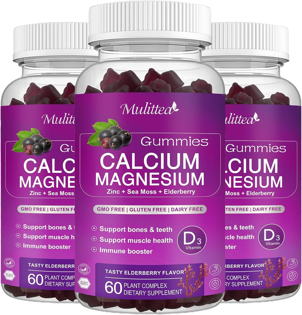 Calcium Magnesium Zinkgummier med høj absorption Magnesium Glycinat 200mg, Kalium - Plant Calcium Supplement w / D3 & Sea Moss for Ben, Muskler, Calm Mood & Sleep Support - Børn & voksne (3 Pack)