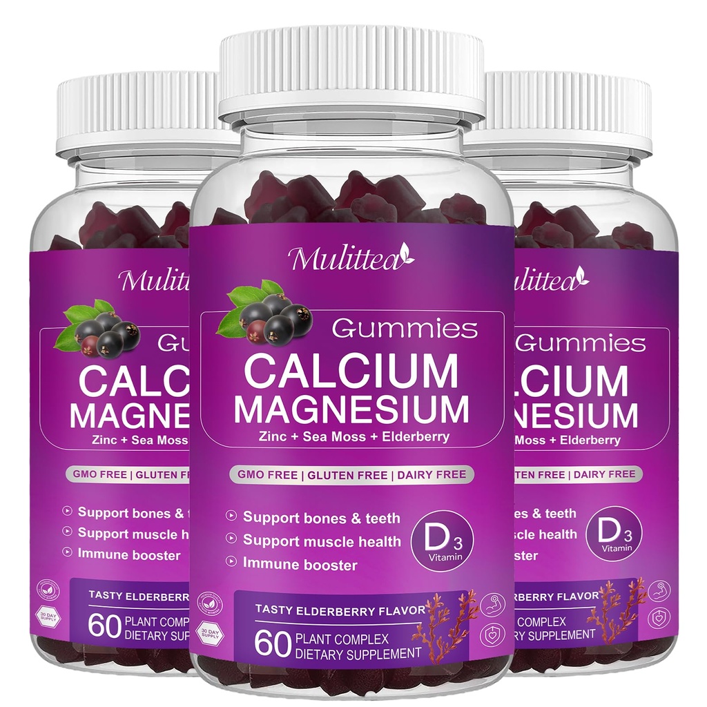 Calcium Magnesium Zinkgummier med høj absorption Magnesium Glycinat 200mg, Kalium - Plant Calcium Supplement w / D3 & Sea Moss for Ben, Muskler, Calm Mood & Sleep Support - Børn & voksne (3 Pack)