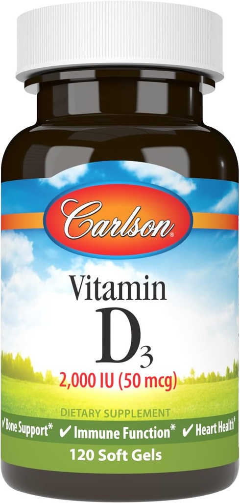 Carlson - D3- vitamin, 2000 IE (50 mcg), immunforsvar, knoglerelateret sygdom, muskelsundhed, cholecalciferol, D- vitamintilskud, D3- vitamin Soft Gels, 120 Softgels