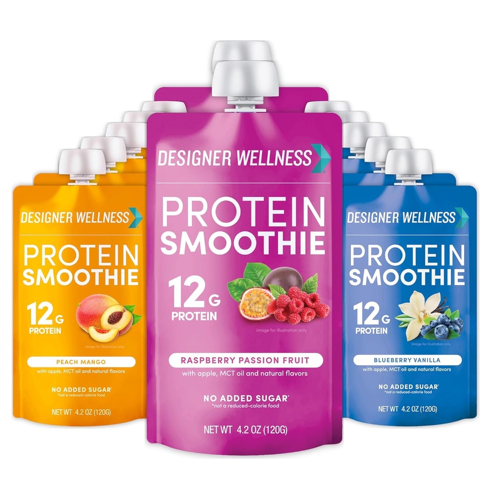 Designer Wellness Protein Smoothie, Real Fruit, 12g Protein, Low Carb, Zero Added Sugar, Gluten- Free, Non- GMO, Ingen kunstige farver eller flavors, Super Fruits Variety Pack, 12 Greve