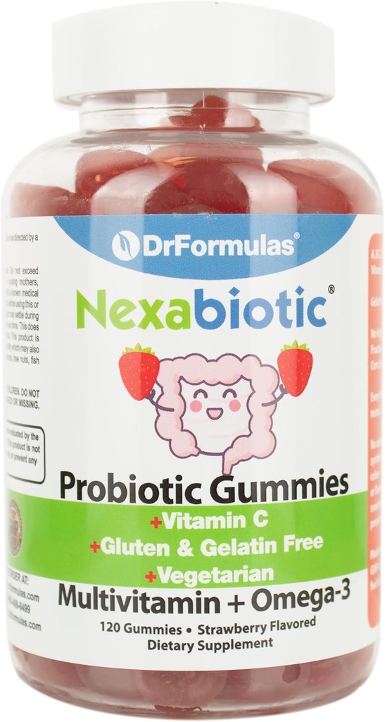 DrFormulas Multivitamin Gummies med Omega 3 og Probiotika til børn og voksne med C-vitamin 124; Nexabiotisk med vitamin A, C, D3, E, B6, B12, og Zink, Biotin, Folate