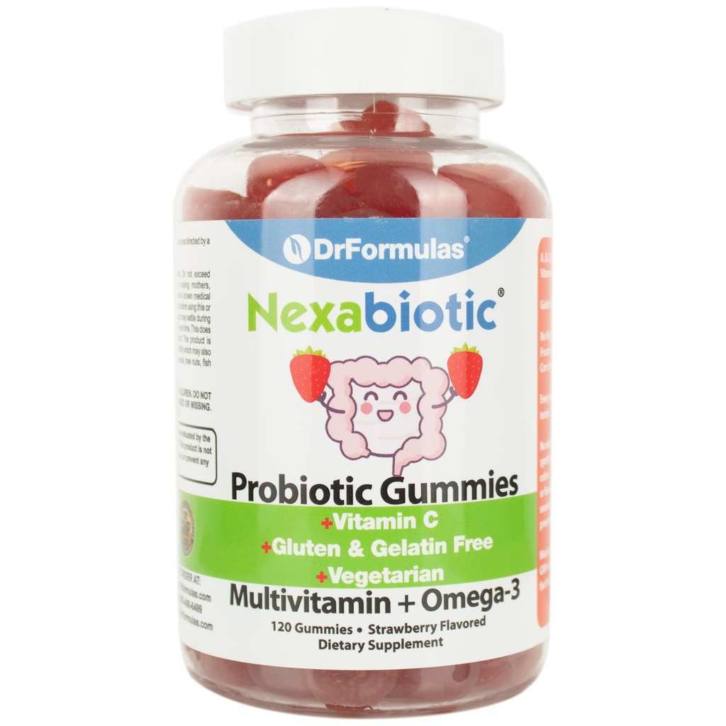 DrFormulas Multivitamin Gummies med Omega 3 og Probiotika til børn og voksne med C-vitamin 124; Nexabiotisk med vitamin A, C, D3, E, B6, B12, og Zink, Biotin, Folate