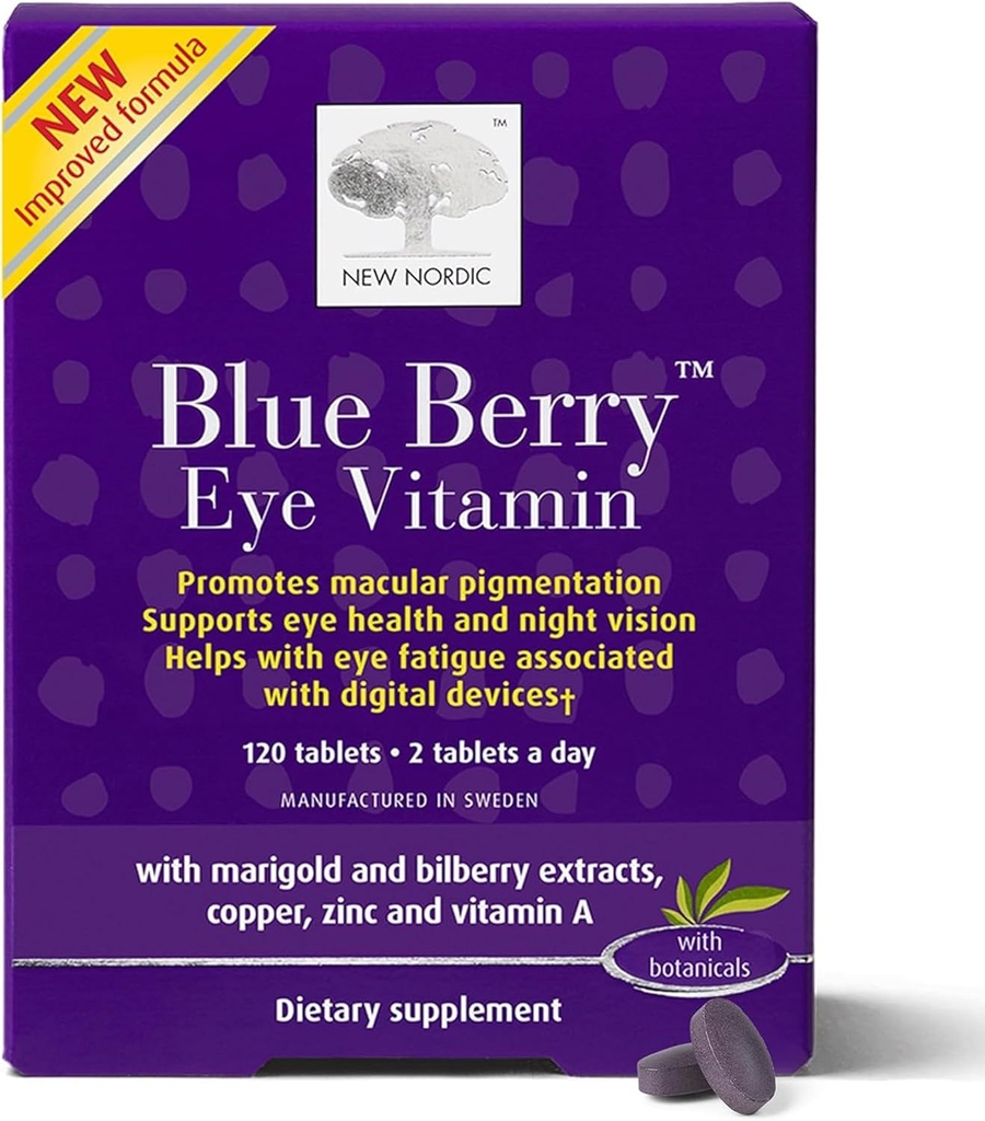 NY NORDIC Blue Berry Eye Vitamin Lutein tillæg med zink, understøtter makulær pigmentering, Eye & Vision funktion, 120 tabletter (pakke med 1)