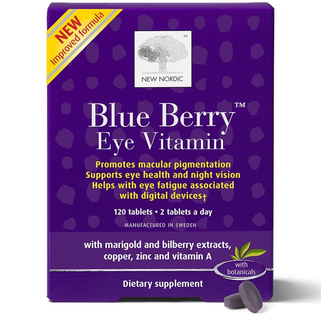 NY NORDIC Blue Berry Eye Vitamin Lutein tillæg med zink, understøtter makulær pigmentering, Eye & Vision funktion, 120 tabletter (pakke med 1)