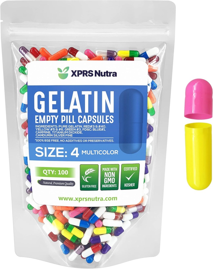XPRS Nutra Størrelse 4 Tomme kapsler - 100 Tomme Tomme Gelatine kapsler - Piller gør det selv Capsule Fyldning - Fyldelig Pure Bovin Pille Gel Caps til Do- It- Yourself Kosttilskud (Multi Color)