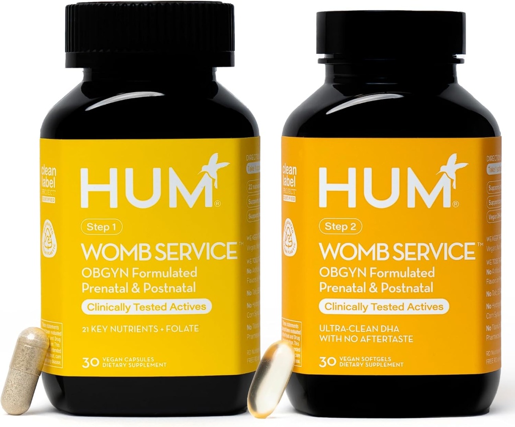 HUM Womb Service Postnatal & Prenatal Supplements for Women, OBGYN Formuleret med Vegan DHA, Cholin & Folate, Clean Daily Nutrients, Pre- to- Post Graviditet Support, 30 Vegan Kapsler & 30 Softgels