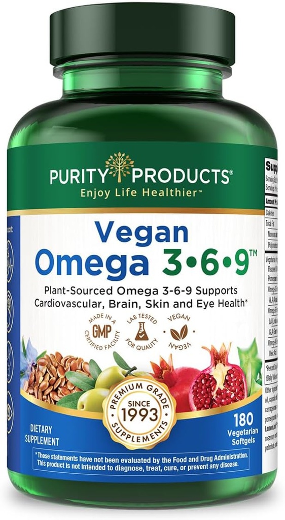 Renhed Produkter Vegan Omega 3 -6-9 Formel - "5 i 1" Essential Fedtsyrer Complex - Scientific Formulated Plant- Based Omega 3 6 9 Essential Fedtsyrer (EFA) - 3 Måned Supply - 180 Softgels