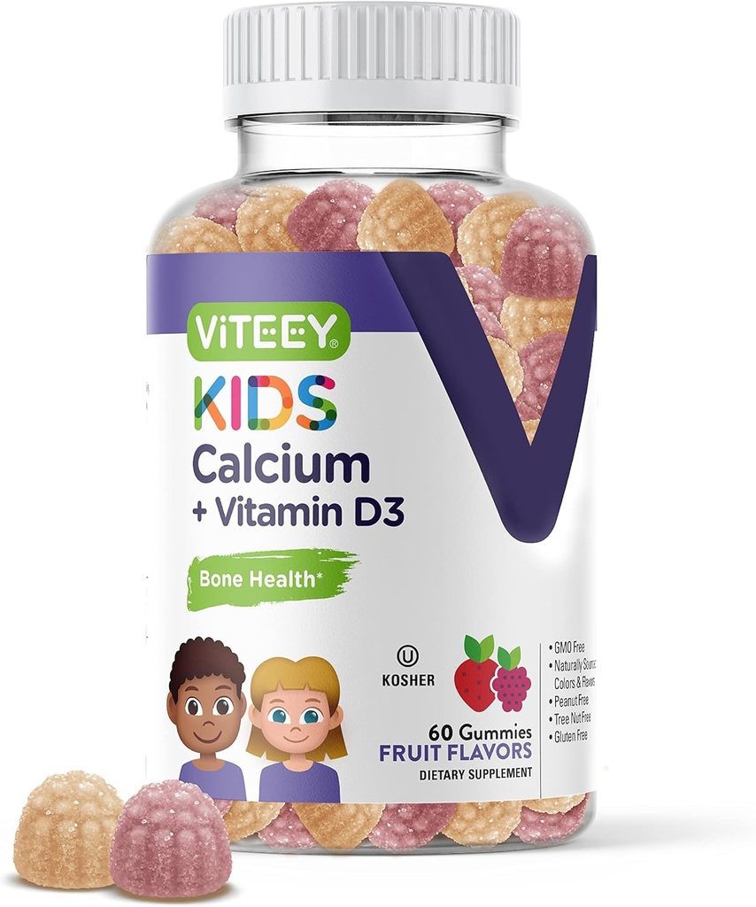 Kids Calcium Gummies med vitamin D3 - Understøtter Bone Sundhed & Tooth Sundhed - naturligt sourced Calcium 500mg Plus Vitamin D3 1000iu - Gluten fri, GMO fri - Tasty Chewable Fruit Flavored Gummy