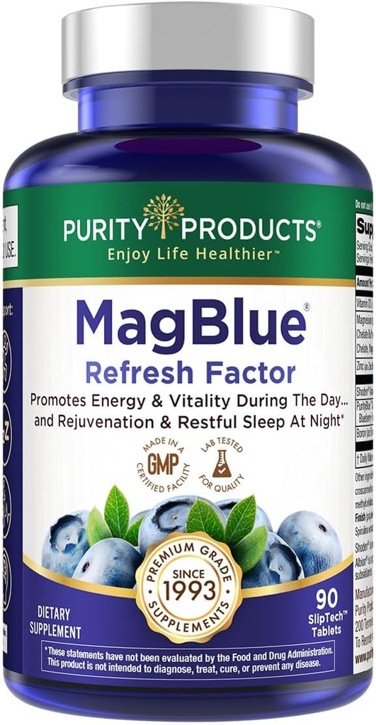 Purity Products MagBlue Refresh Factor Super Boost - Magnesium Bisglycinate, Shoden Ashwagandha, Vitamin D3, Zinc and Boron - 90 Tablets