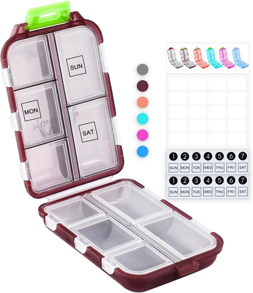 M Muchengbao Travel Pill Organizer Pocket Apotek med 3 typer af etiketter 10 Compartments Small Fold Pill Box BPA- Gratis Daily Travel Pill Case Medicine Organizer til Store (rød)