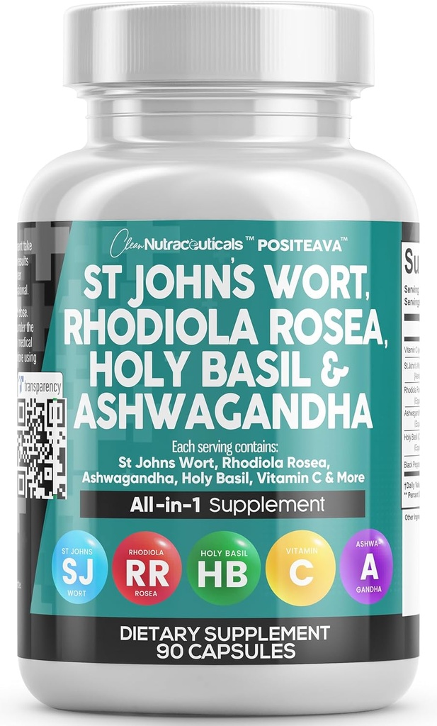 Clean Nutraceuticals St Johns Wort Rhodiola Rosea Holy Basil Ashwagandha - Mood Support for Women and Men with Vitamin C & Black Pepper Extract - 90 Caps