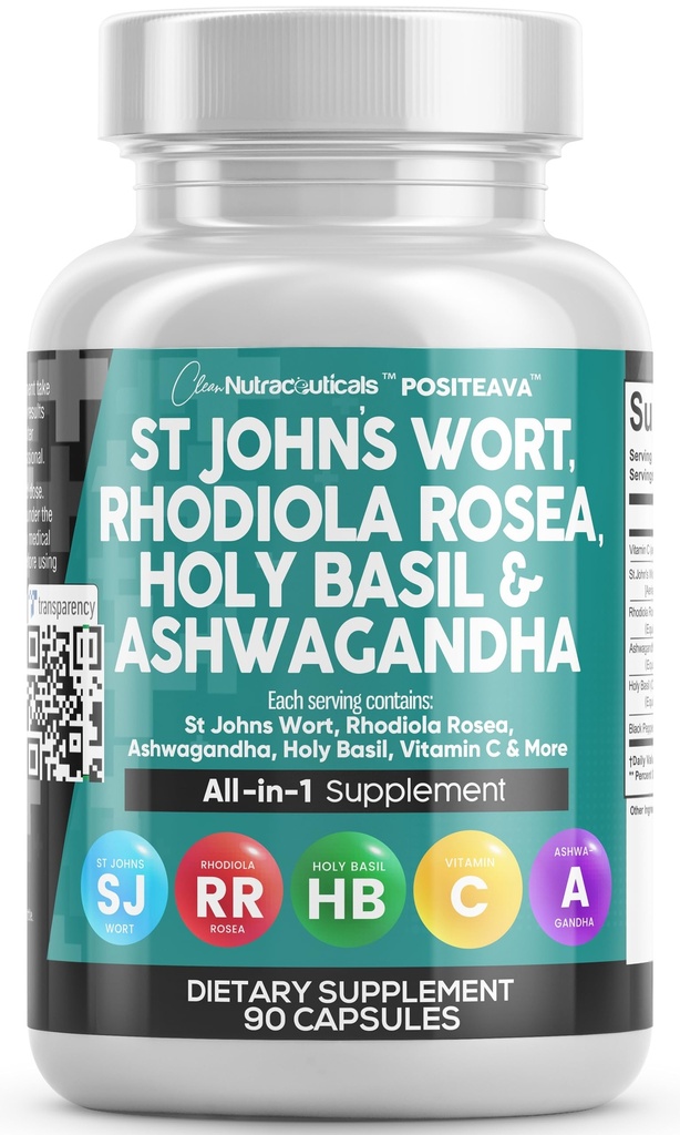 Rene nukleosteroider St Johns Wort Rhodiola Rosea Holy Basil Ashwagandha - Food Support til kvinder og mænd med C-vitamin & sort peber ekstrakt - 90 Caps
