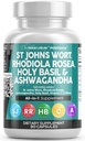 Rene nukleosteroider St Johns Wort Rhodiola Rosea Holy Basil Ashwagandha - Food Support til kvinder og mænd med C-vitamin & sort peber ekstrakt - 90 Caps