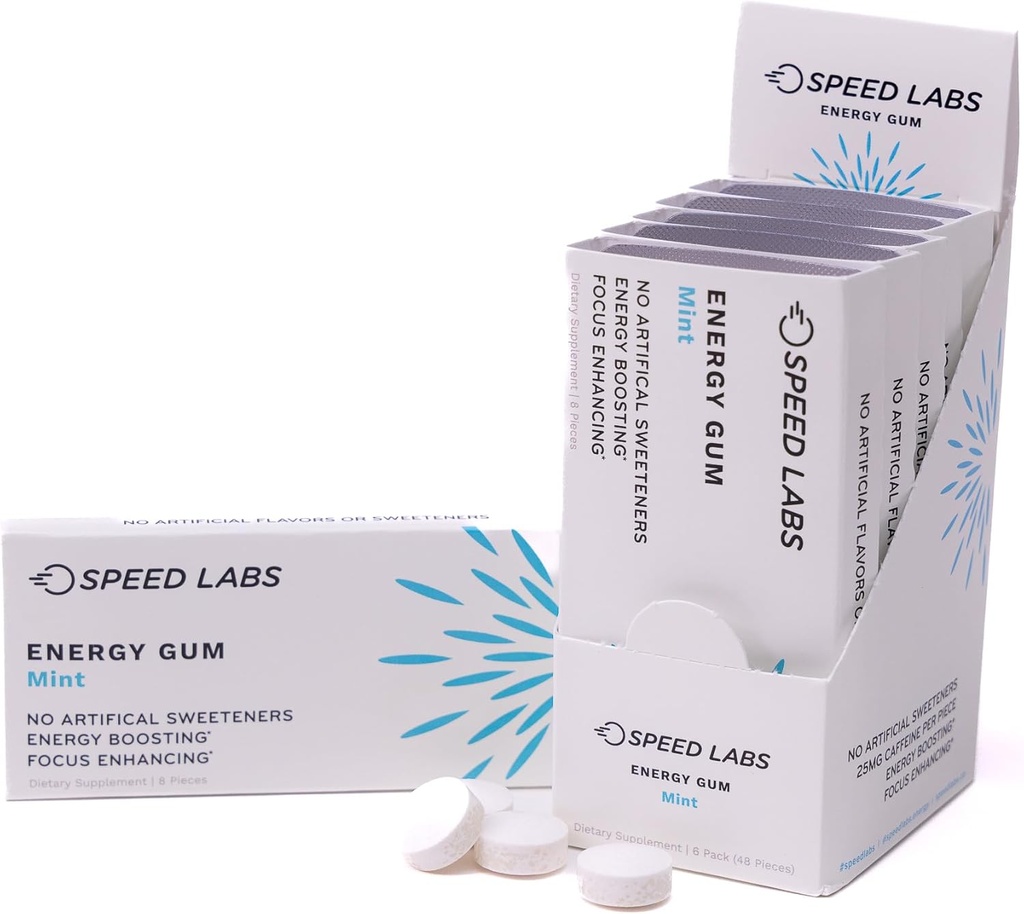 Speed Labs Mint Natural Koffein Energy Gum 25mg Koffein, Taurine, B Vitaminer Per stykke, 48 stykker (6 pakker med 8) Sukker fri, Zero kalorier, naturligt sødet, Gluten fri
