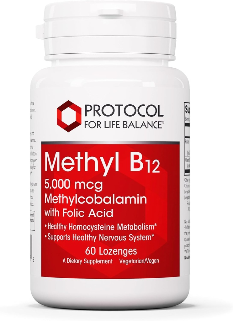 Protocol Methyl B12 5,000mcg - Vitamin B12 for homocystein Metabolisme * - Understøtter Hjerne Sundhed og Sund Nervesystem * - Kosher, Halal & Vegan - 60 Lozenges