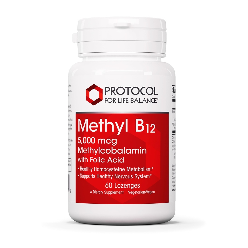 Protocol Methyl B12 5,000mcg - Vitamin B12 for homocystein Metabolisme * - Understøtter Hjerne Sundhed og Sund Nervesystem * - Kosher, Halal & Vegan - 60 Lozenges