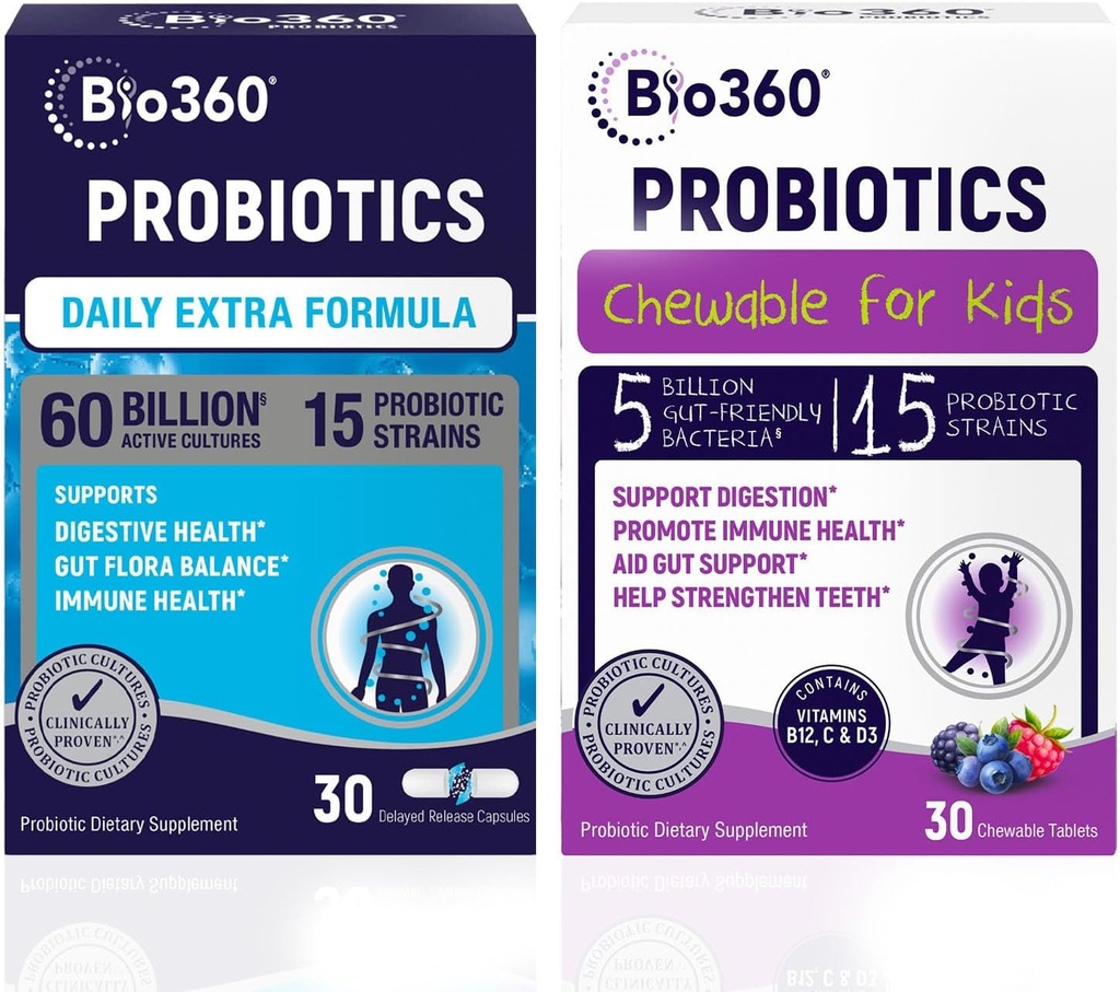 Probiotiske Bundle til voksne og børn - 60B CFU Ekstra styrke kapsler + 5B CFU tyggetabletter - 15 Proteser til fordøjelse, immunforsvar, & hjernesundhed - Understøtter Gut, Forstoppelse, Bloating, & Gas Relief