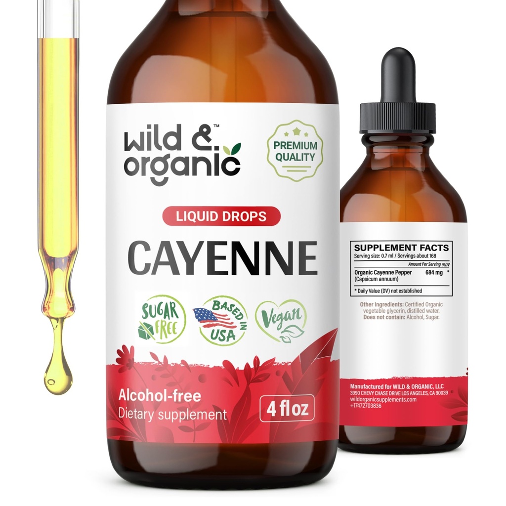 Wild & Organic Cayenne Pepper Tincture - Digestive Support med Capsaicin Extract - Cayenne Pepper Liquid Drops for total Well- Being - Vegan, Sugar & Alcohol- Free - 4 fl oz
