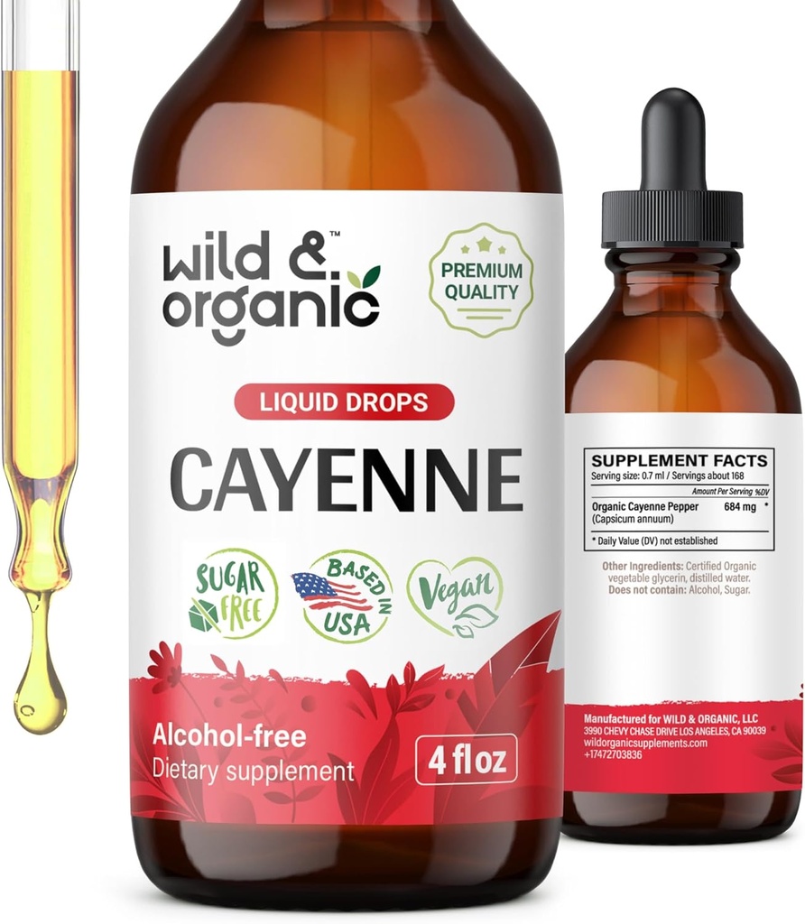 Wild & Organic Cayenne Pepper Tincture - Digestive Support med Capsaicin Extract - Cayenne Pepper Liquid Drops for total Well- Being - Vegan, Sugar & Alcohol- Free - 4 fl oz