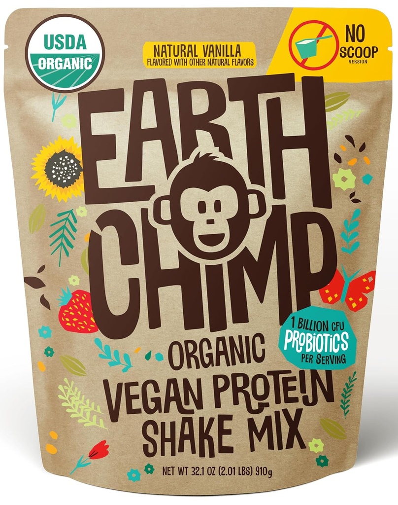 EarthChimp Organic Vegan Protein Powder - med Probiotika - Ikke GMO, Dairy Free, Non Whey, Plant Based Protein Powder for Women and Men, Gluten Free - 26 Servere 32 Oz (Vanilla) No Scoop