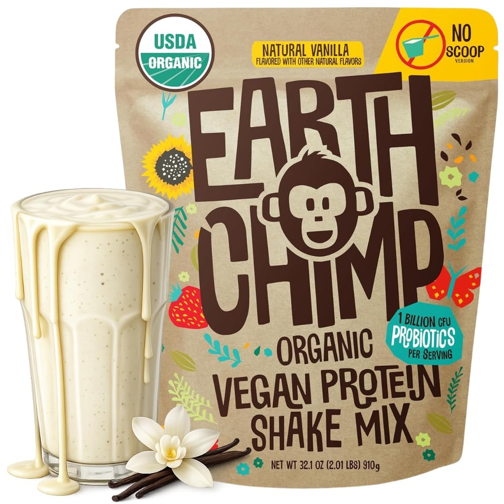 EarthChimp Organic Vegan Protein Powder - med Probiotika - Ikke GMO, Dairy Free, Non Whey, Plant Based Protein Powder for Women and Men, Gluten Free - 26 Servere 32 Oz (Vanilla) No Scoop