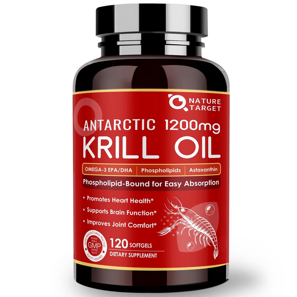 NATUR TARGET Krill Oil 1200mg med Omega-3 EPA & DHA med Astaxanthin, Phospholipider & Cholin - Understøtter hjerte, hjerne, Deltag sundhed, Non- GMO, Gluten Free, 120 Softgels (60 Servere)
